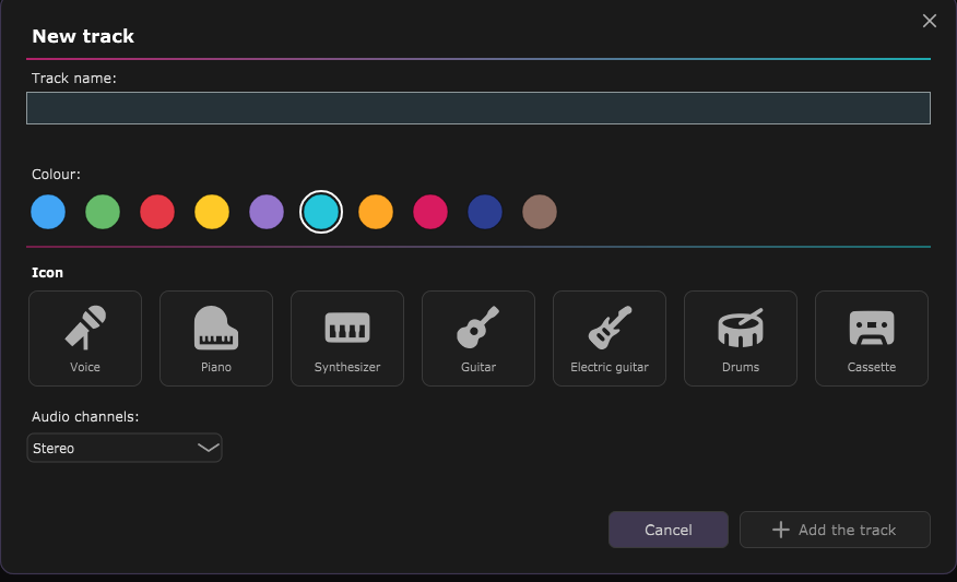 The Add a track window: name, colour, icon and channel count.