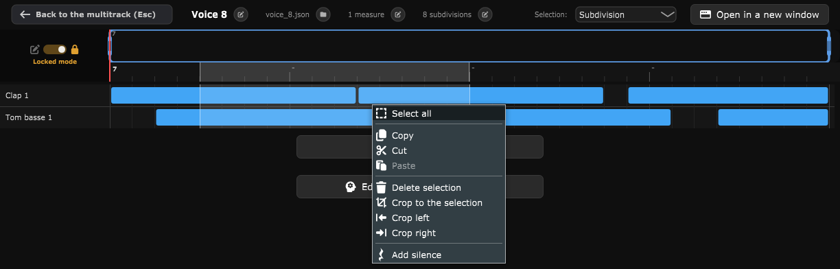 The block editor in locked mode: a time selection drawn across the matrix and on the time ruler, and the right-click menu with Copy, Cut, Paste, Delete selection, Crop and Add silence.