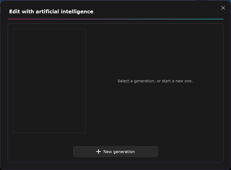 The "Edit with artificial intelligence" window: the block's generation history on the left, the details of the selected one on the right, and the New generation button at the bottom.
