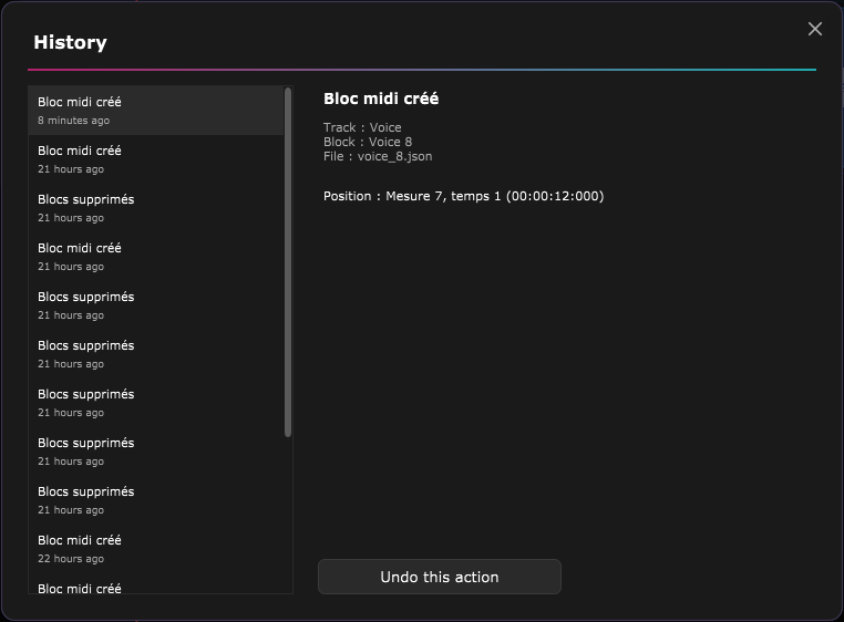 The History window: the list of actions on the left, the details of the selected action and the Undo this action button on the right.