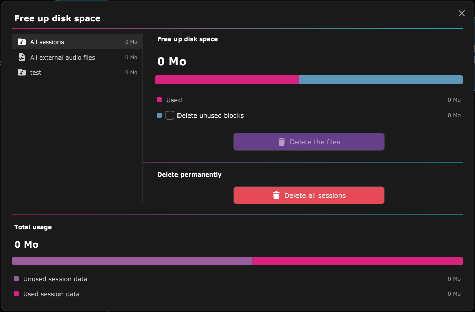 The Free up disk space window: the list of sessions on the left, the usage of the selected row on the right, and the total usage at the bottom.
