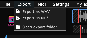 The Export menu open, with the Export as WAV and Export as MP3 options.