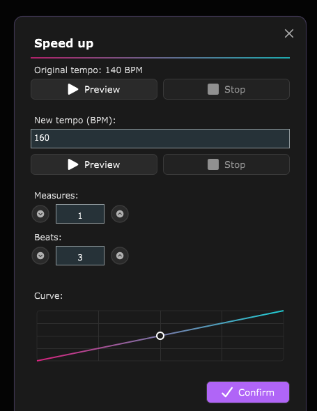 The Speed up window, with the original tempo, the target tempo, the measures/beats duration and the transition curve.