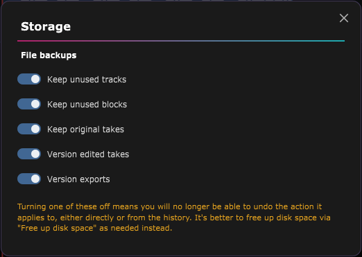 The Storage window, with the five switches of the File backups section and the orange warning.