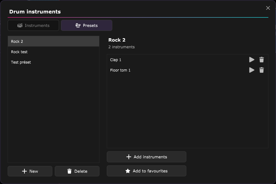 The Presets tab: your presets on the left, the instruments of the selected preset on the right, with the New, Delete and Add instruments buttons.