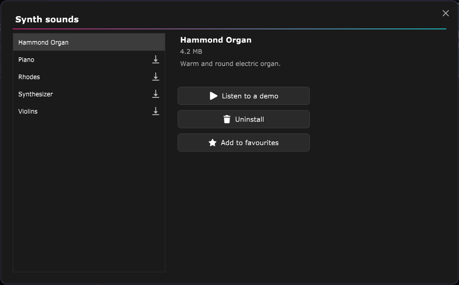 The Synth sounds window: the list, with the download icon on sounds that are not installed, and the details of the chosen sound.
