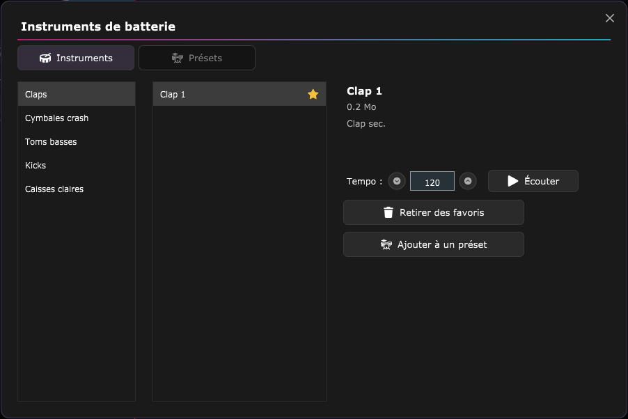 La fenêtre Instruments de batterie : les familles à gauche, les instruments de la famille au milieu, le détail de l'instrument choisi à droite.