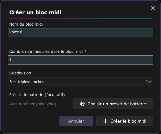 La fenêtre Créer un bloc midi, avec le nom, le nombre de mesures, la subdivision et le choix du préset ou du son.