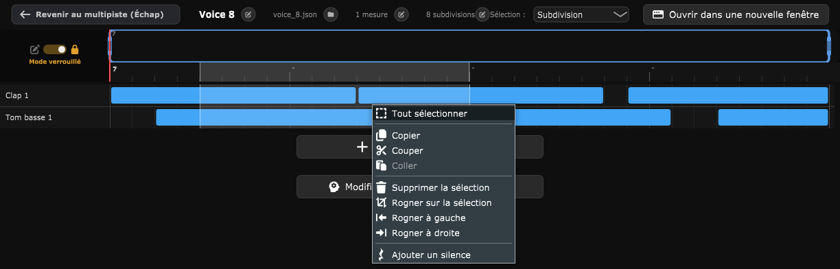 L'éditeur d'un bloc en mode verrouillé : une sélection de temps tracée dans la matrice et sur la barre de repère, et le menu clic droit avec Copier, Couper, Coller, Supprimer la sélection, Rogner et Ajouter un silence.