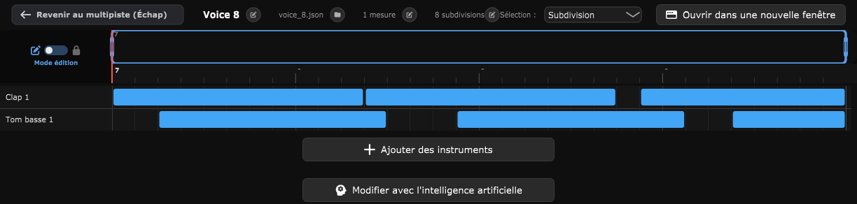 L'éditeur de bloc plein écran, avec la matrice de notes de batterie et sa barre de transport.