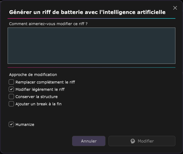 Le formulaire d'une nouvelle génération : la description, l'approche de modification, l'option Humanize et le bouton d'envoi.