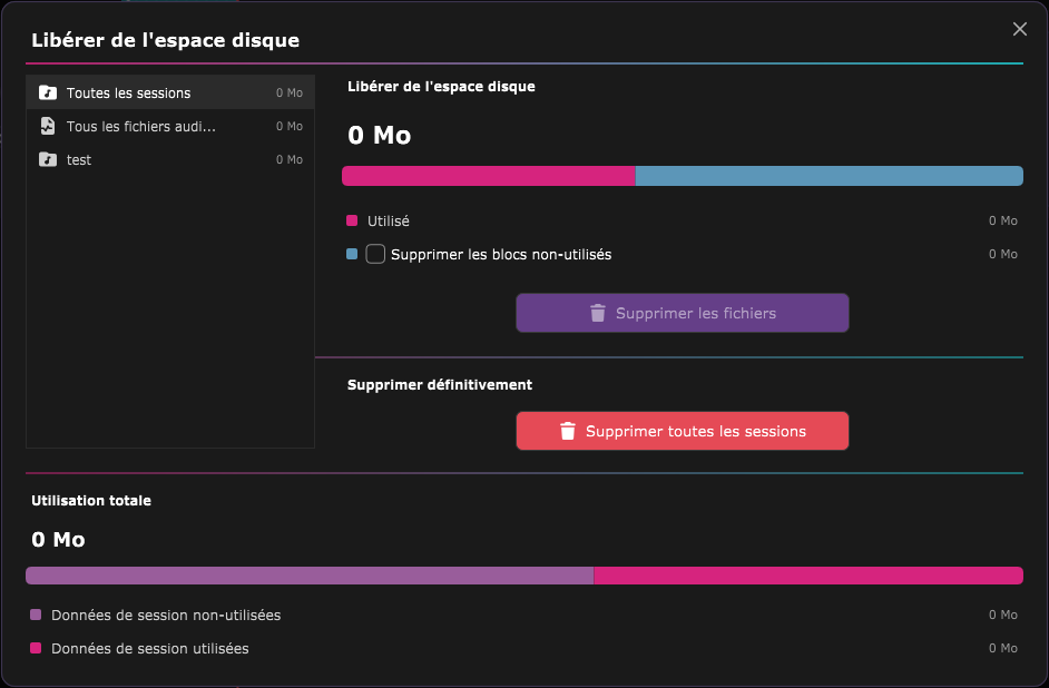 La fenêtre Libérer de l'espace disque : la liste des sessions à gauche, l'utilisation de la ligne sélectionnée à droite, et l'utilisation totale en bas.