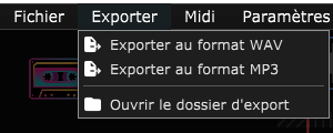 Le menu Exporter ouvert, avec les options Exporter au format WAV et Exporter au format MP3.