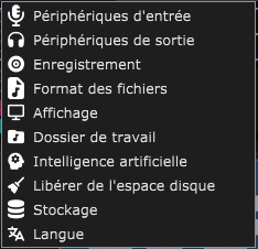Le menu Paramètres, avec ses dix entrées.