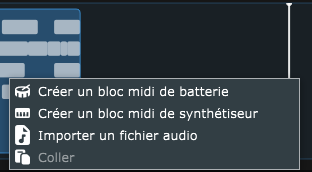 Le menu clic droit sur une zone vide d'une piste, avec Coller, et la petite barre verticale qui montre le temps visé.