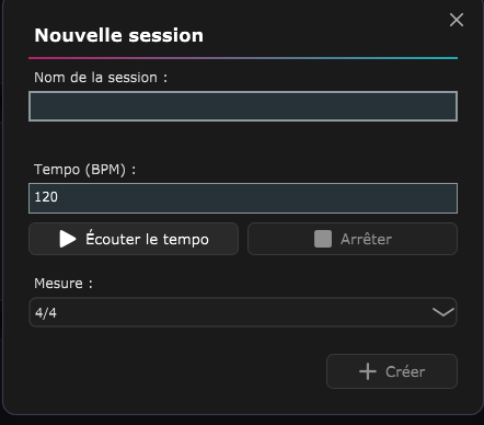 La fenêtre Nouvelle session avec le champ de nom, le tempo et la mesure.