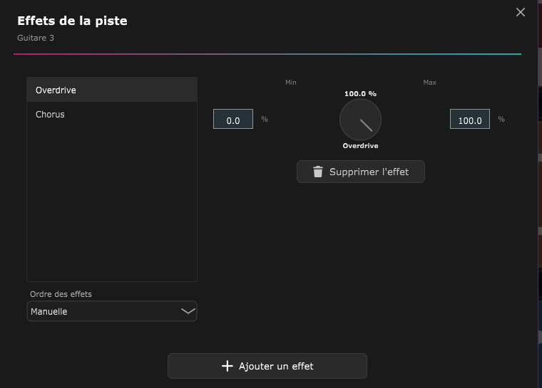 Le menu Ordre des effets, en bas de la liste d'effets, réglé sur Manuelle.