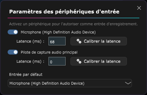 La fenêtre Périphériques d'entrée, avec un interrupteur, une compensation de latence et un bouton de calibrage par entrée.