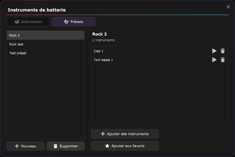 L'onglet Présets : vos présets à gauche, les instruments du préset sélectionné à droite, avec les boutons Nouveau, Supprimer et Ajouter des instruments.