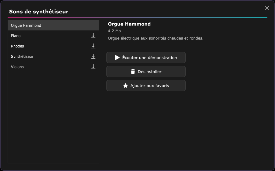 La fenêtre Sons de synthétiseur : la liste, avec l'icône de téléchargement sur les sons non installés, et le détail du son choisi.